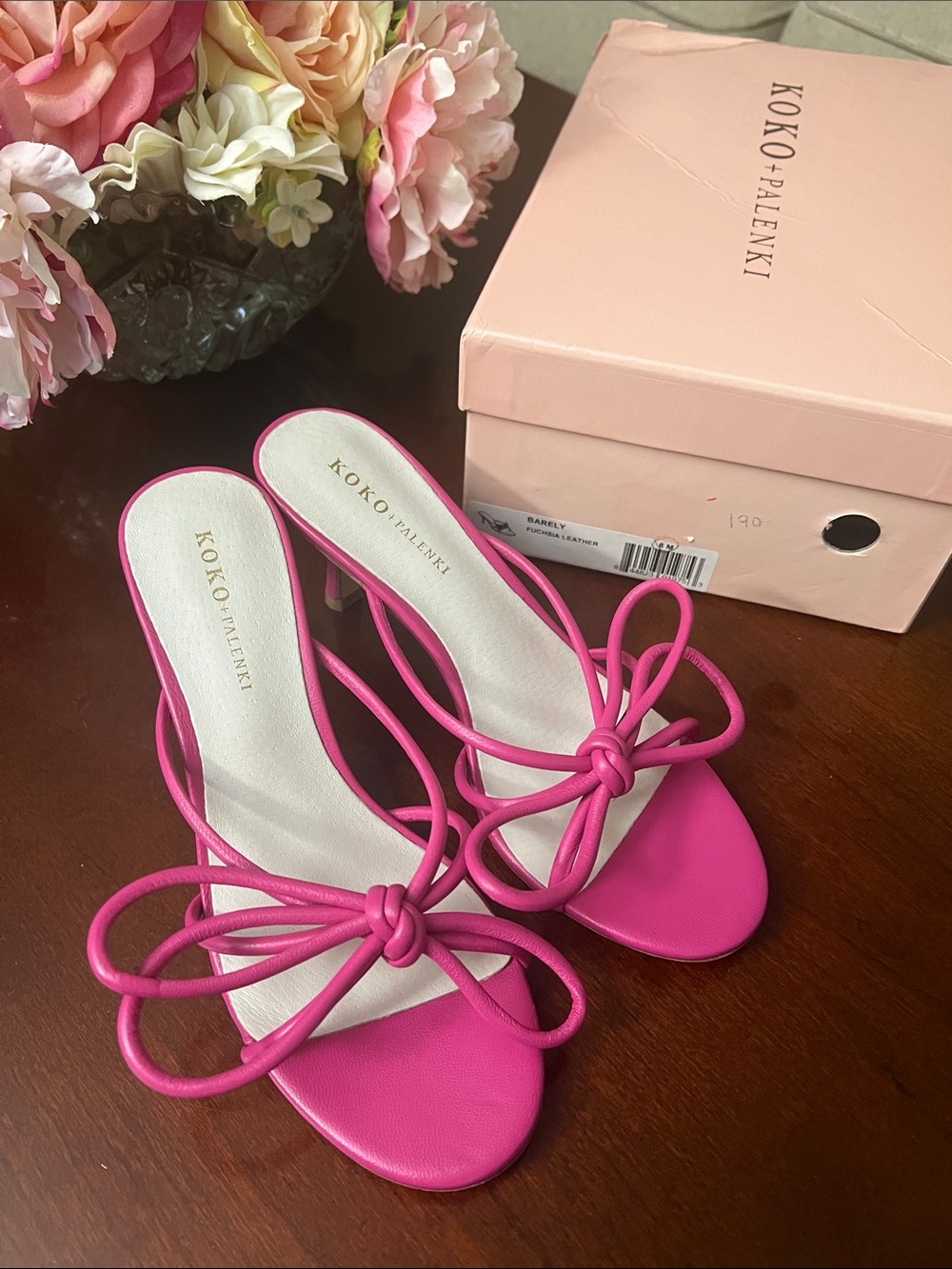 KOKO + Palenki Barely Fuchsia Leather String Bow Slide Heel